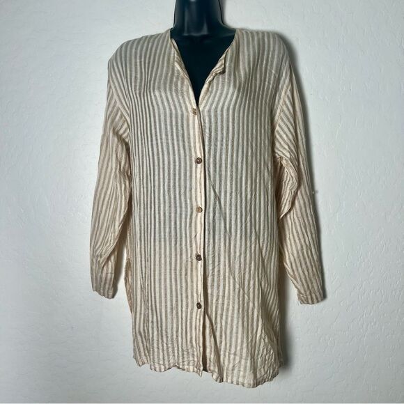 90s silk tunic Top Beige Cream Stripe Natural Button Down Split Hem Express M - Picture 1 of 6